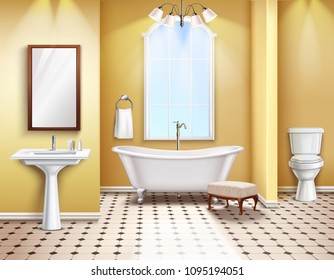 Simple bathroom interior realistic composition with bath toilet and bidet 3d elements vector illustration