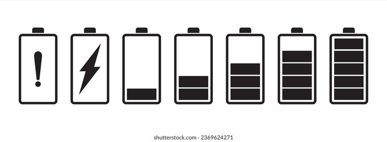 Simple battery charge icons, Battery charging simple black style symbol sign for apps and website, Battery charging sign symbol vector illustration. Battery icon set in flat style.
