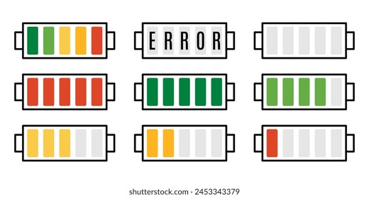 Simple battery charge indicators set. Minimalistic multicolored battery levels. Symbols art illustration in flat style for packages, instructions, manuals, applications. Isolated on white background.