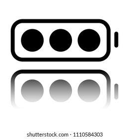 simple battery, full level. Black icon with mirror reflection on white background