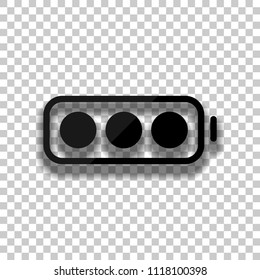 simple battery, full level. Black glass icon with soft shadow on transparent background