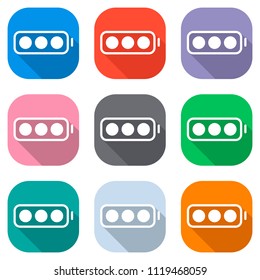 simple battery, full level. Set of white icons on colored squares for applications. Seamless and pattern for poster