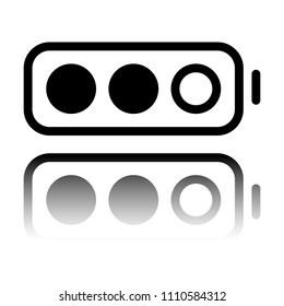 Simple battery, half level. Black icon with mirror reflection on white background