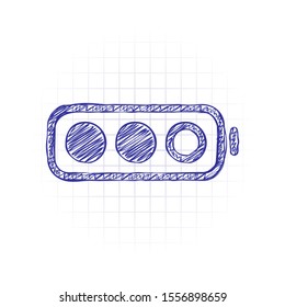 Simple battery, half level. Hand drawn sketched picture with scribble fill. Blue ink. Doodle on white background