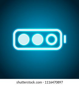 Simple battery, half level. Neon style. Light decoration icon. Bright electric symbol