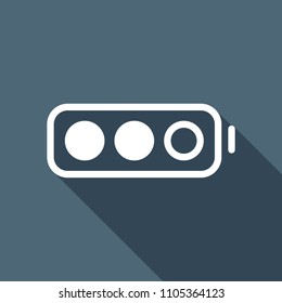 Simple battery, half level. White flat icon with long shadow on background