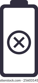 Simple battery icon with cross sign indicating low power, symbolizing the need for charging or replacement, ideal for user interfaces or energy related designs