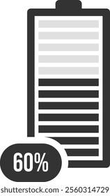 Simple battery icon displaying a 60 percent charge level, represented by a partially filled vertical bar with a percentage indicator, useful for visualizing power status