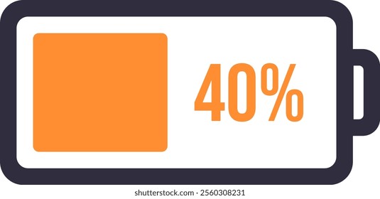 Simple battery icon featuring an orange indicator displaying a 40 percent charge, symbolizing partial power availability on various digital devices like phones, laptops, and tablets