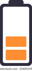 Simple battery icon featuring two orange bars, representing a moderate charge level. Ideal for applications related to power and energy in various electronic devices