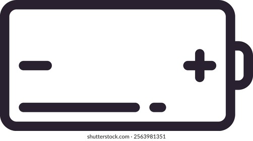 Simple battery icon indicating a low charge level, featuring prominent plus and minus symbols, suitable for various design projects related to power and energy