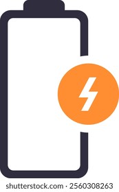 Simple battery icon with an orange circle and lightning bolt representing fast charging, suitable for illustrating quick power replenishment in electronic devices