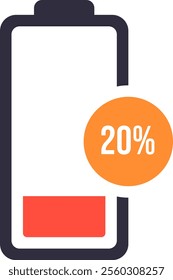 Simple battery icon representing a 20 percent charge level, effectively illustrating low power scenarios in electronic devices such as smartphones, tablets, and laptops