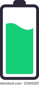 Simple battery icon showing charging status with green liquid filling half of its capacity, representing energy, power, and electricity levels