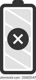 Simple battery icon showing a cross sign, indicating low power or depleted energy reserves, symbolizing the need for charging or replacement