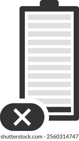 Simple battery icon showing discharged status with a cross sign and grey charge indicator, useful for energy, power and electricity concepts