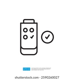 a simple battery icon with three charge indicators and a checkmark, symbolizing a fully charged or functional battery. Illustration icon
