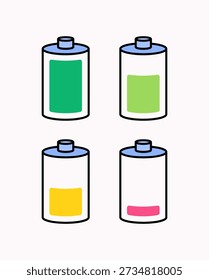 Simple battery icons showing various charge levels from full to low. ideal for ui, app interface, energy concept, power status, and technology design