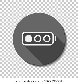 Simple battery, low level. flat icon, long shadow, circle, transparent grid. Badge or sticker style