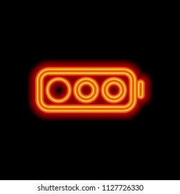 Simple battery, low level. Orange neon style on black background. Light icon