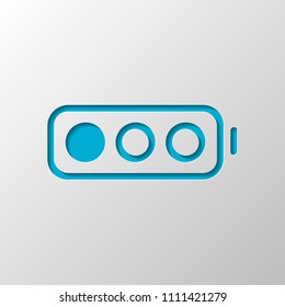 Simple battery, low level. Paper design. Cutted symbol with shadow