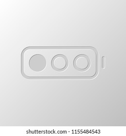 Simple battery, low level. Paper design. Cutted symbol. Pitted style