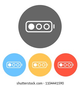 Simple battery, low level. Set of white icons on colored circles