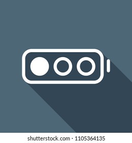 Simple battery, low level. White flat icon with long shadow on background