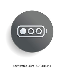 Simple battery, low level. White paper symbol on gray round button or badge with shadow
