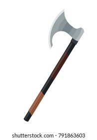 Simple battle ax on a white background. Vector illustration of a carton style ax with a wooden handle
