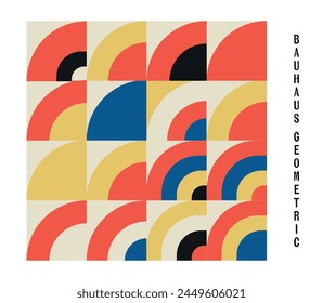 Simple bauhaus poster background. Seamless pattern with red, blue and yellow color pallete