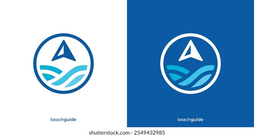 Logotipo de la guía de playa simple. Flecha norte, brújula y onda icono gráfico. Plantilla de diseño de logotipos de viajes y tours.