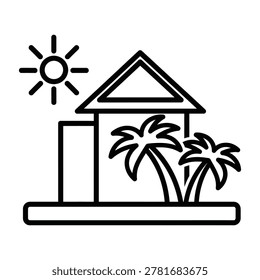 Simple beach house with palm trees under sunny sky