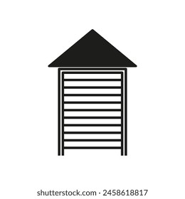 Simple beach hut representation. Seaside shelter symbol. Vector minimalist cabin. Black silhouette design.