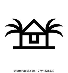 Simple Beach Hut Silhouette with Palm Leaves - Island Vacation Travel Icon