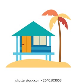 Simple beach hut vector illustration with palm tree on sand