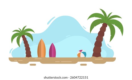 Simple beach illustration with surfboard and coconut tree isolated on white background. Summer beach background clip art