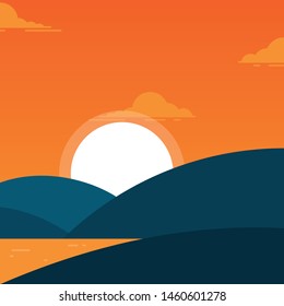 Simple beach landscape with a hill in evening for element design. Flat style summer beach background. Vector illustration EPS.8 EPS.10