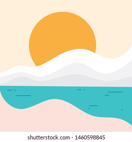 Simple beach landscape with sun for element design in flat style. Flat style summer beach background. Vector illustration EPS.8 EPS.10