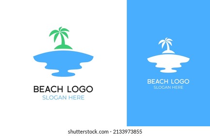 Simple beach logo design. Blue wave and island vector illustration. Water sea landscape