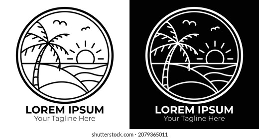 Simple beach logo with lines, available in black and white, coconut tree, sea, sun