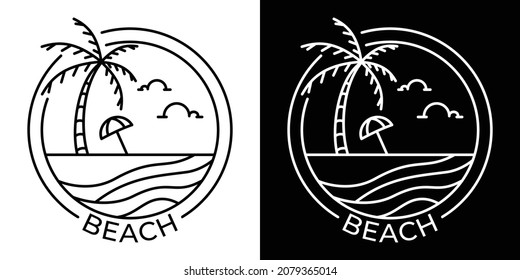 Simple beach logo with lines, available in black and white, coconut tree, sea, sun