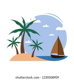 Simple Beach Palm Trees Small Boat Travel Island Illustration