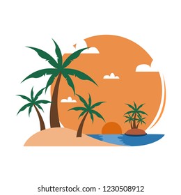 Simple Beach Palm Trees Sunset View Travel Island Illustration