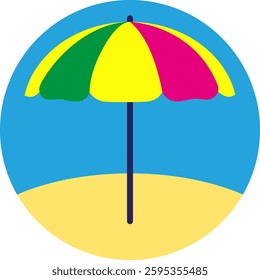 Simple beach umbrella with bright panels on sandy surface, enclosed in blue circle, representing leisure, vacation, sunny outdoor fun. Not AI Generated