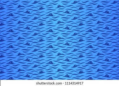 Simple beautiful blue seamless pattern with water surface and fishes heads