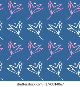 Simple Beautiful Flower Seamless Pattern Background Wallpaper. Combination colors of pink, blue and white. Hand-drawn Floral outline Pattern for Textile, fabric, paper, print, interior, decor and more