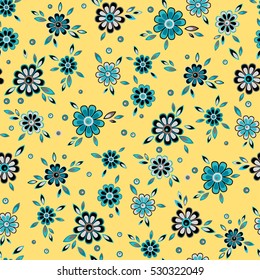 Simple beautiful flowers pattern on yellow background. Vector.
