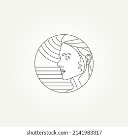 simple beautiful girl face line art template vector illustration design. minimalist monoline girl face with geometric shape inside circle