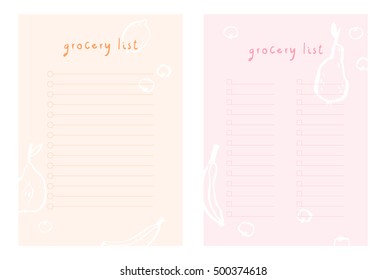 Simple and beautiful Grocery List vector template. Printable Grocery List design, ready to use. Shopping List decorated with ink fruits.